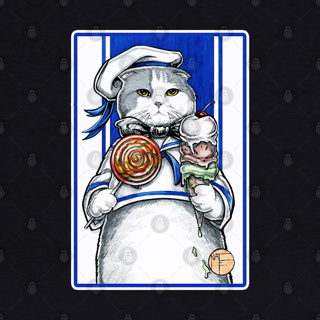 Sailor Cat With Ice Cream - White Outlined Version by Nat Ewert Art